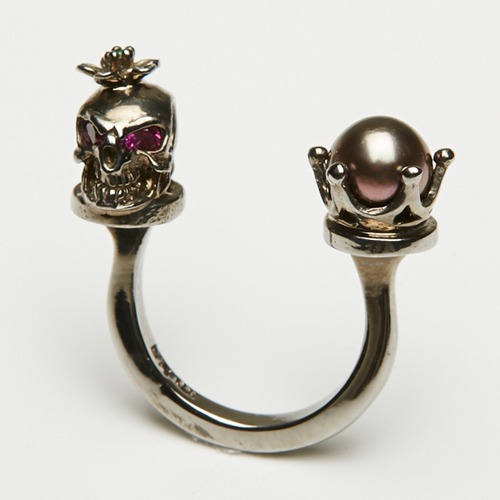 Pearl&amp;skull open ring(black)